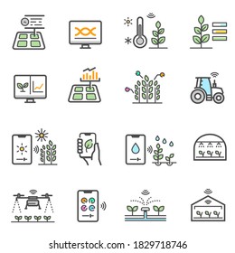 Smart farm, agriculture electronic technology color line icons set isolated on white. Gardening innovation outline pictograms collection. Monitoring system, sensor vector element for infographic, web.