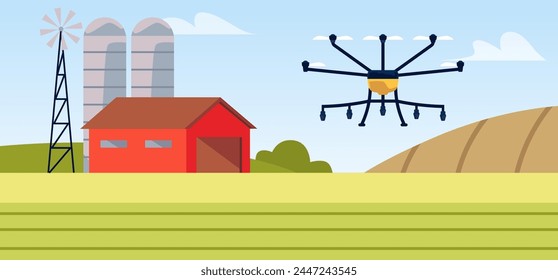 Smart farm. Agriculture illustration with hangar, field and flying drone. Innovative technologies in rural industry. Flat illustration of advanced farming techniques using a flying drone.