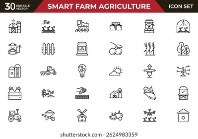 Smart farm agriculture line icon set. Farming, gardening, agriculture, digital, ideas, food, animals, seeding, plants, and harvesting icon collection. outline icon set