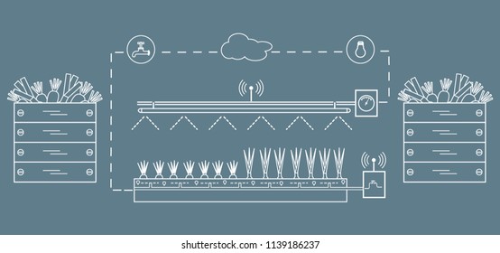 Smart farm and agriculture. Monitoring and control of temperature, humidity, light level. Cultivation of plants. New technologies. High yield.