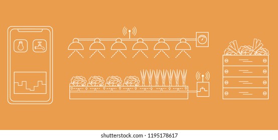 Smart farm and agriculture. Monitoring and control of temperature, humidity, light level. Cultivation of plants. New technologies. High yield.