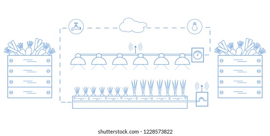 Smart farm and agriculture. Monitoring and control of temperature, humidity, light level. Cultivation of plants. New technologies. High yield.