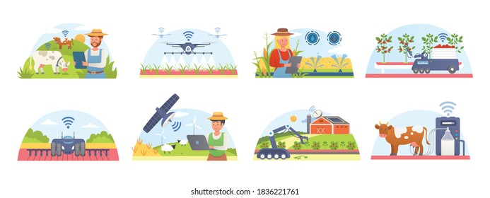 Conjunto agrícola y agrícola inteligente de ilustraciones vectoriales aisladas. Sistemas de información tecnológica para agricultores. Automatización agrícola y robótica. Control de GPS, datos de agricultura, drones de reconocimiento, agronetas.