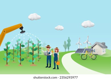 Smart farm, agriculture technology. Farmer use digital tablet control artificial intelligence robotic arm to provide nutrients and harvest crop field. Vector.