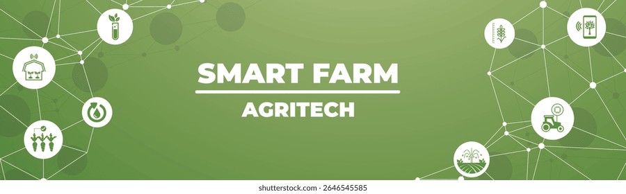 smart farm or agritech vector illustration. Banner with connected icons related to smart agriculture technology, digital iot farming methods and farm automation.