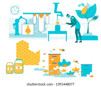 Smart Farm Apiary with Bees Vector Illustration. Automated Process in Usual Way Honey. Man is Watching How Robot Treats Bee. Honeycombs with Honey, Jar With Yellow Fragrant Delicacy.