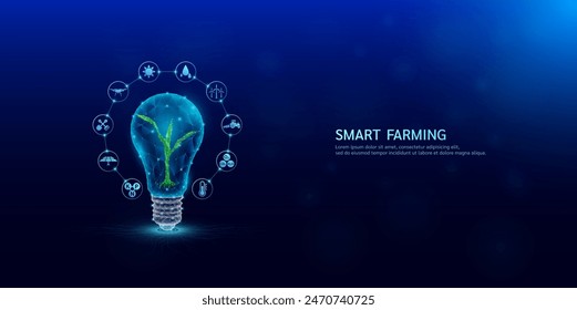 Granja inteligente que aplica la tecnología en la industria agrícola de cultivo. Plántula verde de maíz en bombilla rodeada por el icono Drone, molino de viento, sol, tractor y célula solar. En circuito electrónico. Vector.