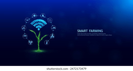 Smart farm applying technology in cultivation agriculture industry. Signal symbols blue wifi on Green seedling corn surround by icon Drone, Windmill, Sun, Tractor and Solar cell. Vector EPS10.