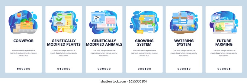 Smart farm. Automatic watering system, remote control by mobile phone, genetically modified plants. App screens. Vector banner template for website mobile development. Web site design illustration