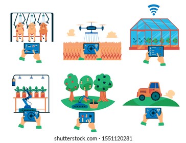 Smart farm automation system set - flat isolated technology collection. Phone or tablet screen with farming app interface for modern agriculture gadgets - vector illustration.