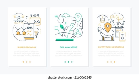Ganadería inteligente y ganadería - banderas de diseño de línea con lugar para texto. Control remoto del crecimiento de la plántula, riego de cuádruples, análisis del suelo, idea de ovejas, vacas, animales y animales