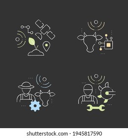 Smart farm chalk icons set. Consist of machinery technician, RFID identification, animal breeder, GPS geofencing.Agricultural innovation concepts.Isolated vector illustrations