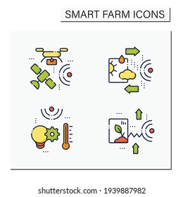 Smart farm color icons set. Consist of weather tracking, drones photograph, crop monitoring, light and heat control.Agricultural innovation concepts.Isolated vector illustrations