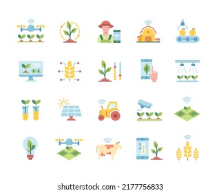 Smart farm colorful icon set. Irrigation devices, solar panels and cameras for monitoring of farm. Innovative technologies for agriculture. Cartoon flat vector collection isolated on white background