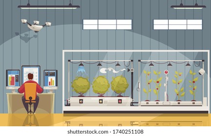 Smart farm composition with indoor view of farmstead building with plants in greenhouses and monitoring panel vector illustration