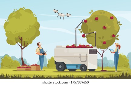 Smart farm composition with outdoor garden landscape with human characters and remotely controlled robots gathering apples vector illustration