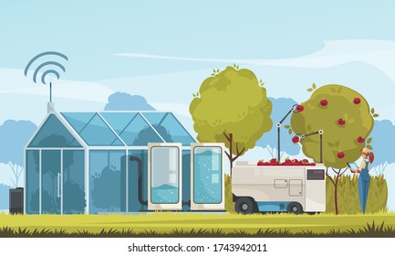 Smart farm composition with outdoor scenery and modern hothouse with wireless antenna and fruit gathering robots vector illustration