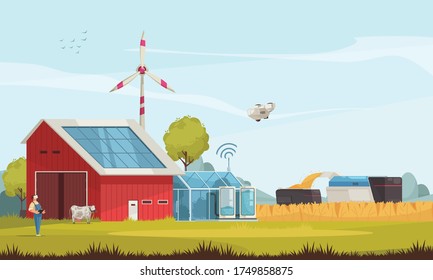 Smart farm composition with outdoor view of farmstead solar batteries turbines and machinery with remote control vector illustration