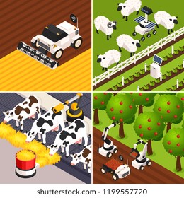 Smart farm concept icons set with farm animals isometric isolated vector illustration