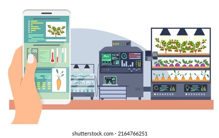 Smart farm with control from mobile phone vector. Hand holding smartphone using smart control farming system mobile application illustration