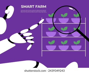 Smart farm cultivators. AI Robotic cultivators with artificial intelligence using future technologies. Smart greenhouse under robot machines operation. Flat vector illustration.