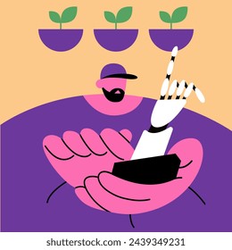 Smart farm cultivators app with AI. Robotic cultivators with artificial intelligence using future technologies. Smart greenhouse under robot machines operation. Flat vector illustration.