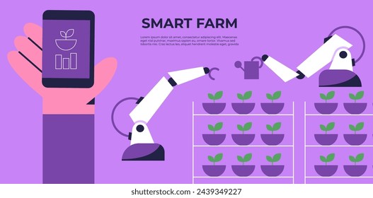 Smart farm cultivators app. Robotic cultivators with artificial intelligence using future technologies. Smart greenhouse under robot machines operation. Flat vector illustration.