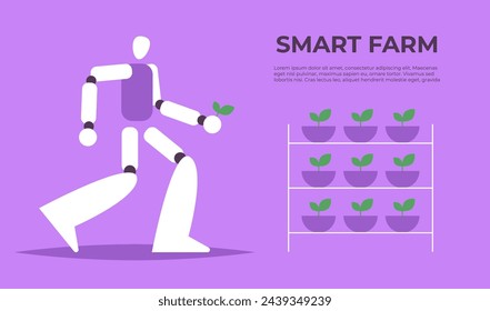 Smart farm cultivators with Robot. Robotic cultivators with artificial intelligence using future technologies. Smart greenhouse under robot machines operation. Flat vector illustration.