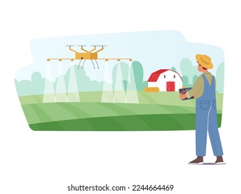 Granja Inteligente Con Concepto De Control De Drones. Campo de Fertilización de Caracteres Agrícolas con Tecnología de Automatización Agrícola Innovadora Quadcopter para Empresas Agrícolas. Ilustración de vectores de personas de caricatura