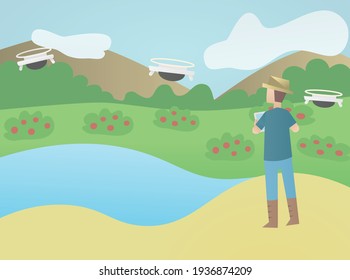Intelligente Landwirtschaft mit Drohnensteuerung, Innovationstechnologie für die Agrarindustrie, Automatisierungszucht, kombinierter Ernteester, Robotik, modernes Technologiekonzept, Vektorgrafik.