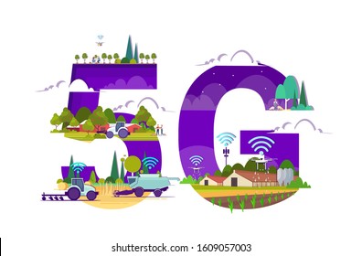 smart farm with drones tractors combine harvester 5g wireless internet connection automation farming concept innovation technology agricultural company horizontal vector illustration