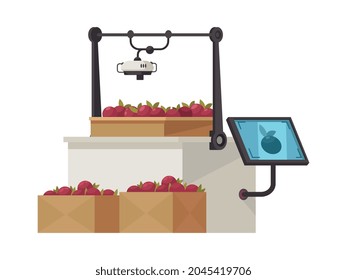 Smart farm equipment and boxes with ripe apples flat icon vector illustration