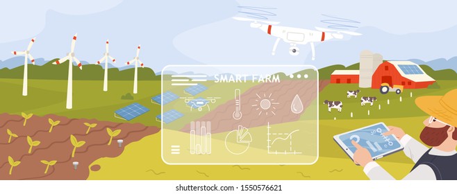 Smart farm flat vector illustration. Innovative approach in agricultural industry. Cartoon farmer monitoring crops growth with drone. Modern farmland with wind turbines and solar panels.