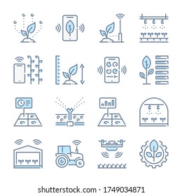 Smart Farm and Food science related blue line colored icons. Farm technologies icon set.