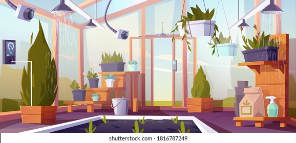 Smart farm, futuristic technologies in farming industry. Digital devices in greenhouse automatically control plants growing and watering, robotics agricultural automation, Cartoon vector illustration