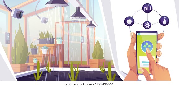 Smart farm, futuristic technology in farming industry. Female hand with smartphone control digital wireless devices in greenhouse for growing or watering plants, automation Cartoon vector illustration