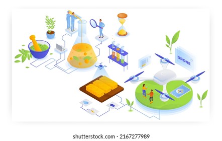 Smart Farm, Genetic Engineering, Vector Illustration. Agricultural Drone. Modern Agriculture Technology. Gmo Testing Lab