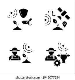 Smart farm glyph icons set. Consist of agronomist, animal breeder, CCTV, GPS geofencing.Agricultural innovation concepts.Filled flat signs. Isolated silhouette vector illustrations