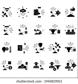 Smart farm glyph icons set. Consist of IoT sensors, irrigating land, pests and weeds elimination.Agricultural innovation concepts.Filled flat signs. Isolated silhouette vector illustrations