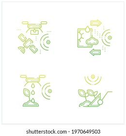 Smart farm gradient icons set. Consist of weather tracking,drones photography,harvesting.Agricultural innovation concepts.Isolated vector illustration.Suitable to banners, mobile apps and presentation