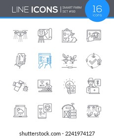 Smart farm and harvest - line design style icons set on white background with editable stroke. Plant watering drone, surveying, livestock control, remote temperature setting, sprout cycle, barn server