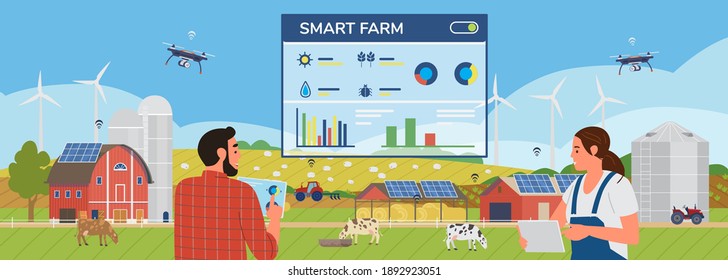 Smart Farm Horizontal Vector Banner. Man And Woman Farmers Holding Tablets Managing Farm With Special App With All Farming Data. Rural Scenery With Solar Panels, Windmills, Drones, Cows, Tractor.