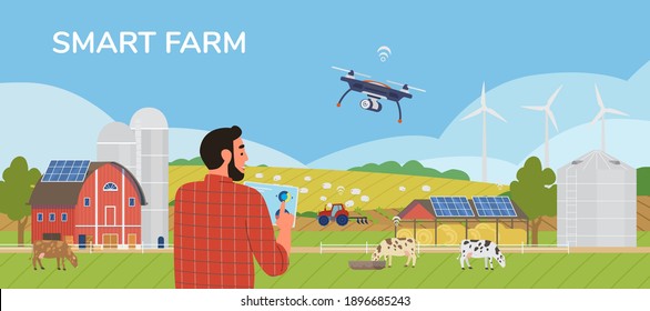 Smart Farm Horizontal Vector Banner. Farmer Holding Tablet Managing Farm With Mobile App. Rural Scenery With Solar Panels, Windmills, Drones, Cows, Tractor.