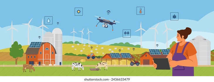 Smart farm horizontal vector banner.Woman farmer managing farm with application. Rural scenery with solar panels, windmills, drones, cows, tractor.