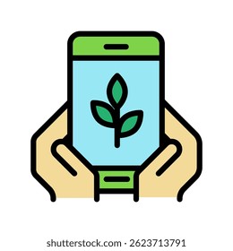 Smart farm icon with farmer using smartphone app to manage agriculture via IoT. Vector concept showing smart agriculture, wireless farming, and modern technology in industrial food production.