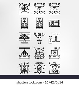 Conjunto de iconos de granja inteligente, contorno de vector e ilustración