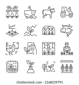 Smart farm icons set. Technological development Infrastructure of agriculture and farms, linear icon collection. Line with editable stroke