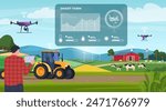 Smart farm. Interactive management of agricultural production processes. Village equipment for tillage. Vector illustration