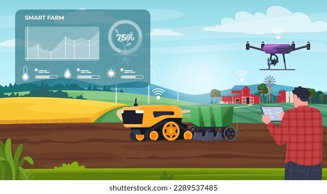 Smart farm. Interactive management of agricultural production processes. Village equipment for tillage. Vector illustration