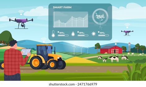 Smart farm. Interactive management of agricultural production processes. Village equipment for tillage. Vector illustration